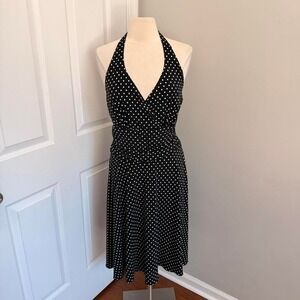 Y2K BLACK AND WHITE POLKA DOT RONNI NICOLE BY OUIDA HALTER NECK MIDI DRESS